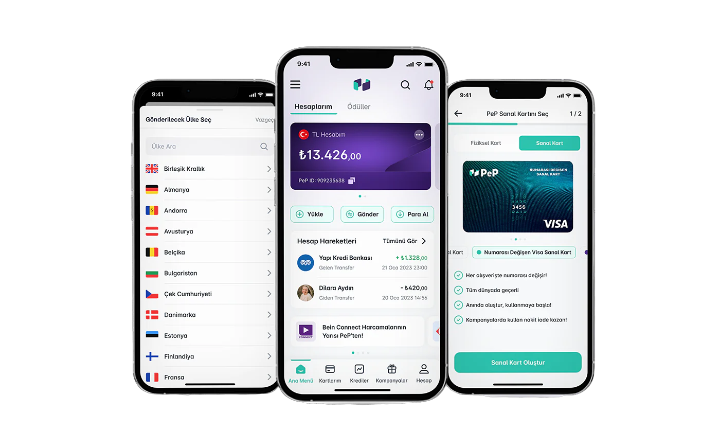 SwiftPay app showing balances and card on three phones